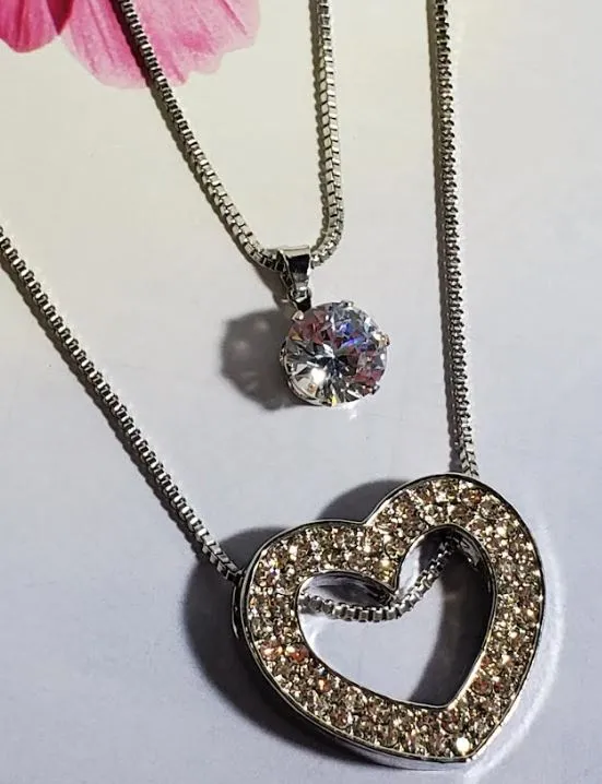 AZ323 Silver Rhinestone Heart Necklace with FREE Earrings polly Necklaces