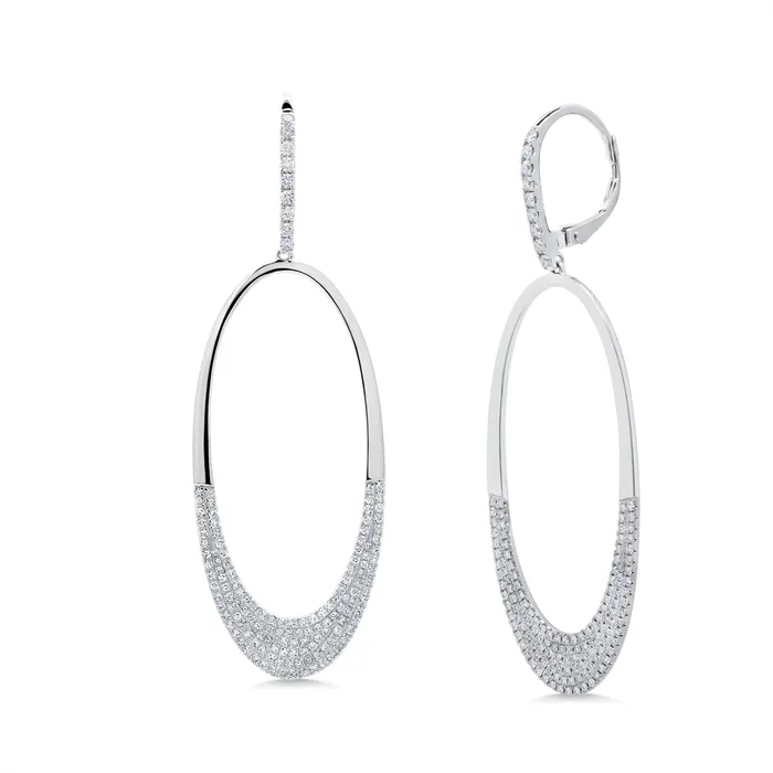 Meierotto Jewelers Earrings 14K White Gold Oval Shaped Dangle Earrings with Pave Diamonds