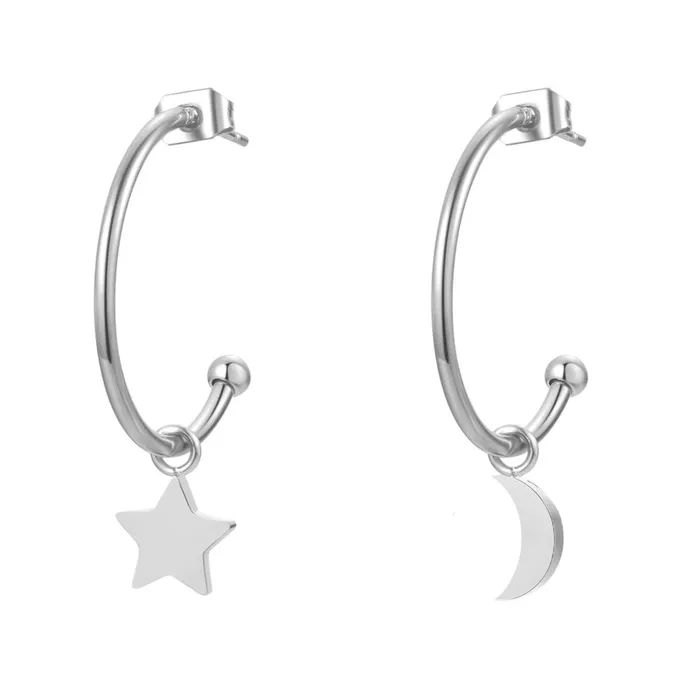 Hey Happiness Earrings Moon Star Hoop Earrings Silver