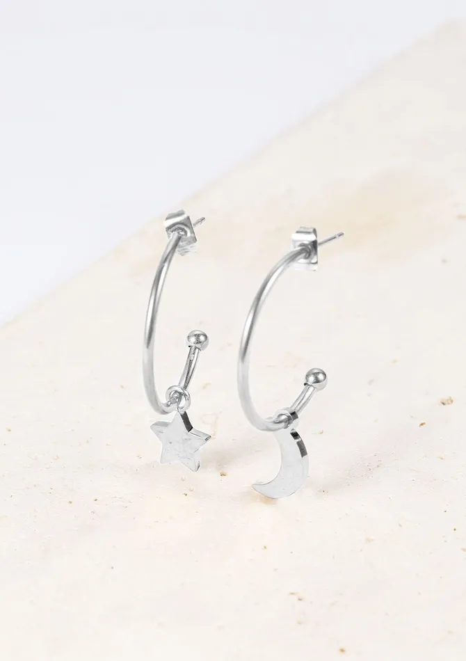 Hey Happiness Earrings Moon Star Hoop Earrings Silver Hey Happiness Earrings Moon Star Hoop Earrings Silver
