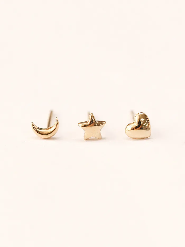 Earrings MinimalBijoux 14K Gold Mini HeartStarCrescent Stud Earring