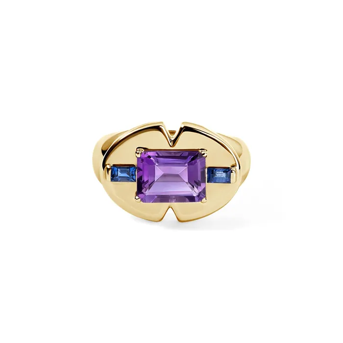 Amethyst Emerald Cut and Blue Sapphire Signet Ring SG Fine Rings