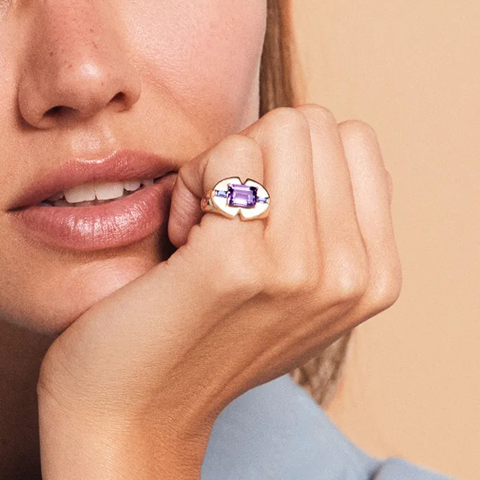 Amethyst Emerald Cut and Blue Sapphire Signet Ring SG Fine Rings