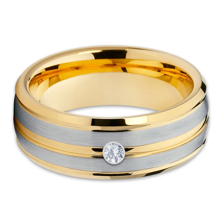 Clean Casting Jewelry Rings Yellow Gold Tungsten White Diamond Ring Mens Wedding Ring Yellow Gold Ring
