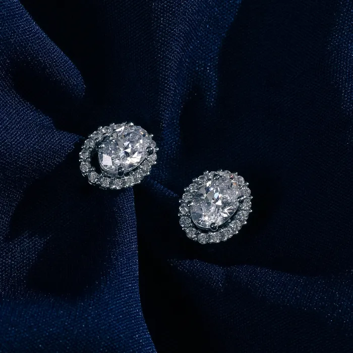Earrings SILVER Oval CZ Solitaire and Halo Ear jacket Silver Stud Earrings