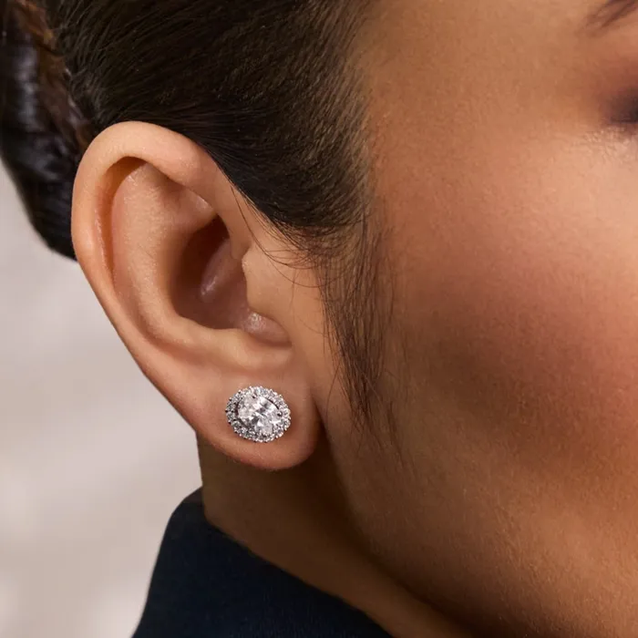 Earrings SILVER Oval CZ Solitaire and Halo Ear jacket Silver Stud Earrings