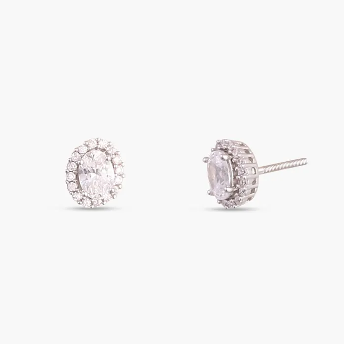 Earrings SILVER Oval CZ Solitaire and Halo Ear jacket Silver Stud Earrings