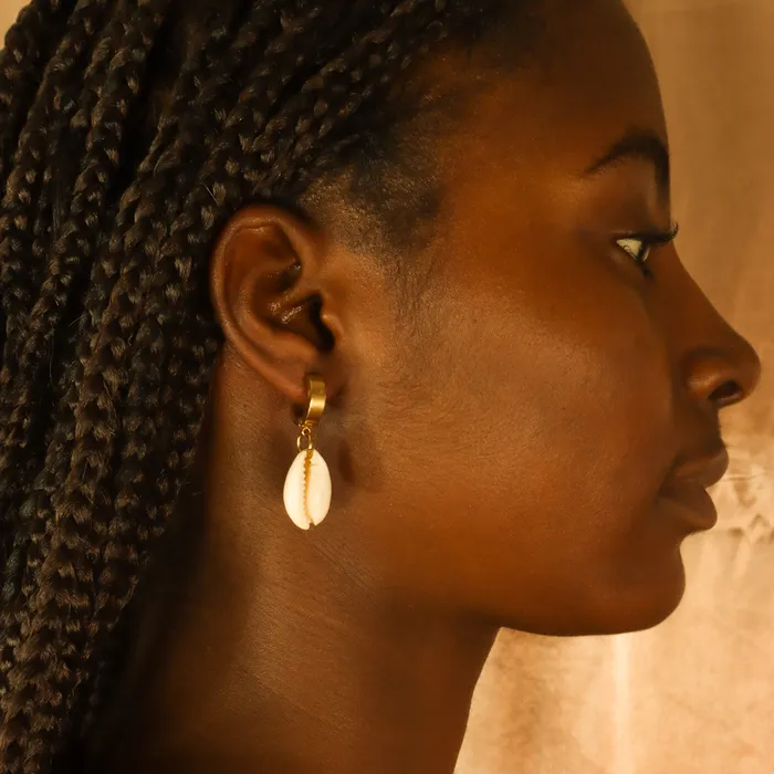Omolola Jewellery Earrings Cara cowrie shell 18ct gold plated tarnish hoop earrings