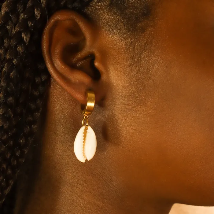 Omolola Jewellery Earrings Cara cowrie shell 18ct gold plated tarnish hoop earrings