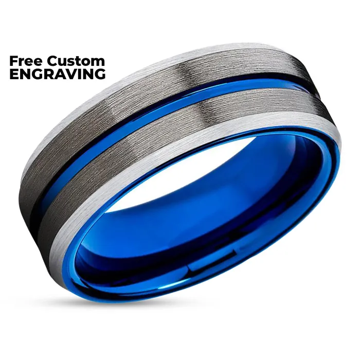 Rings Clean Casting Jewelry Gunmetal Wedding Band Blue Wedding Ring Silver Tungsten Ring Wedding Band
