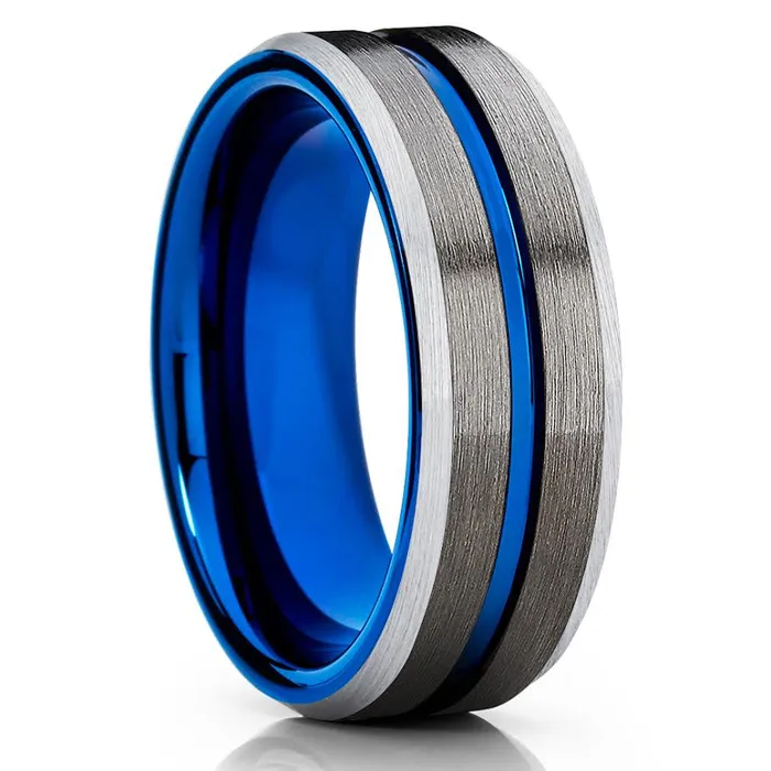 Rings Clean Casting Jewelry Gunmetal Wedding Band Blue Wedding Ring Silver Tungsten Ring Wedding Band