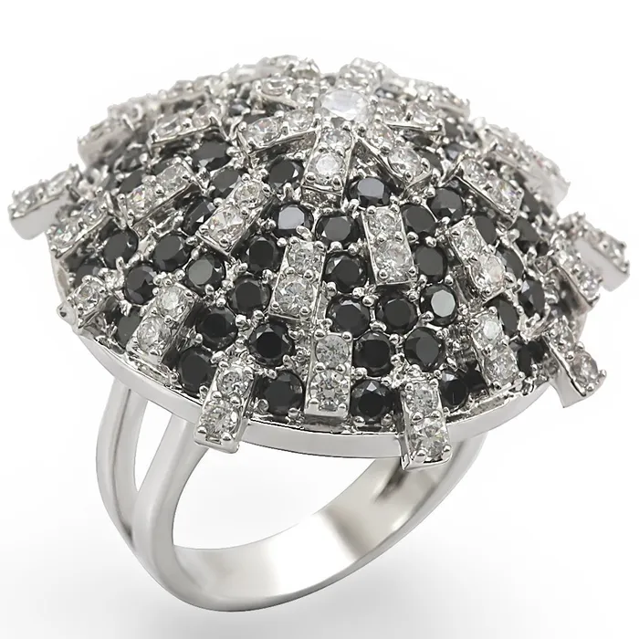 1W029 Rhodium Brass Ring with AAA Grade CZ in Black Diamond Alamode Rings