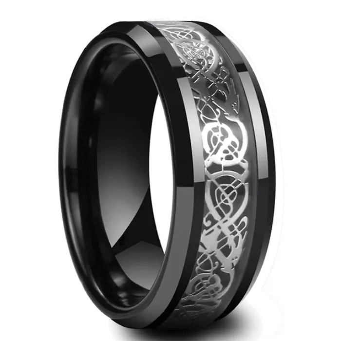 8MM Black Tungsten Mens Wedding Band with Silver Celtic Dragon Inlay VVS Jewelry Rings 8MM Black Tungsten Mens Wedding Band with Silver Celtic Dragon Inlay VVS Jewelry Rings