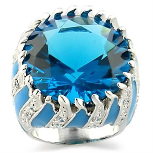 9W189 Rhodium Brass Ring with Synthetic Synthetic Glass in Sea Blue Alamode Rings 9W189 Rhodium Brass Ring with Synthetic Synthetic Glass in Sea Blue Alamode Rings