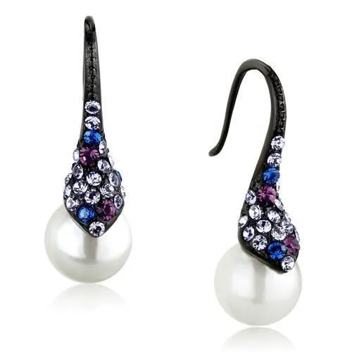 Alamode Earrings TK2145 IP BlackIon Plating Stainless Steel Earrings with Synthetic Pearl in White