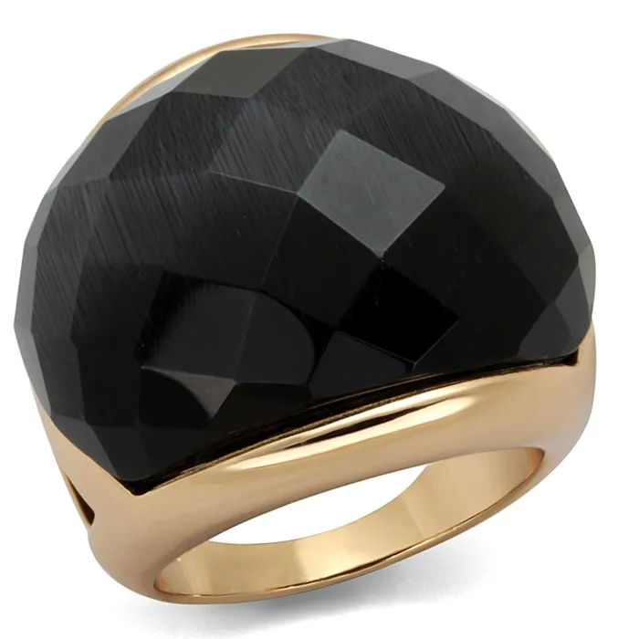 Alamode Rings LO3907 Rose Gold Brass Ring with Synthetic Cat Eye in Jet