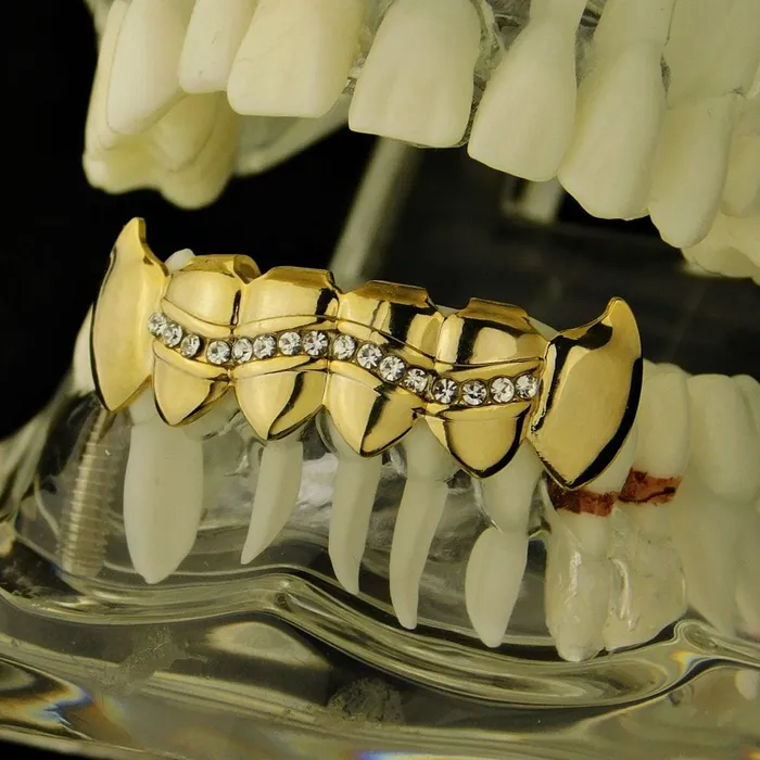 Bling Cartel Admin 14K Gold Plated Wavy Iced Bottom Vampire Fangs Grillz PreStyled Sets