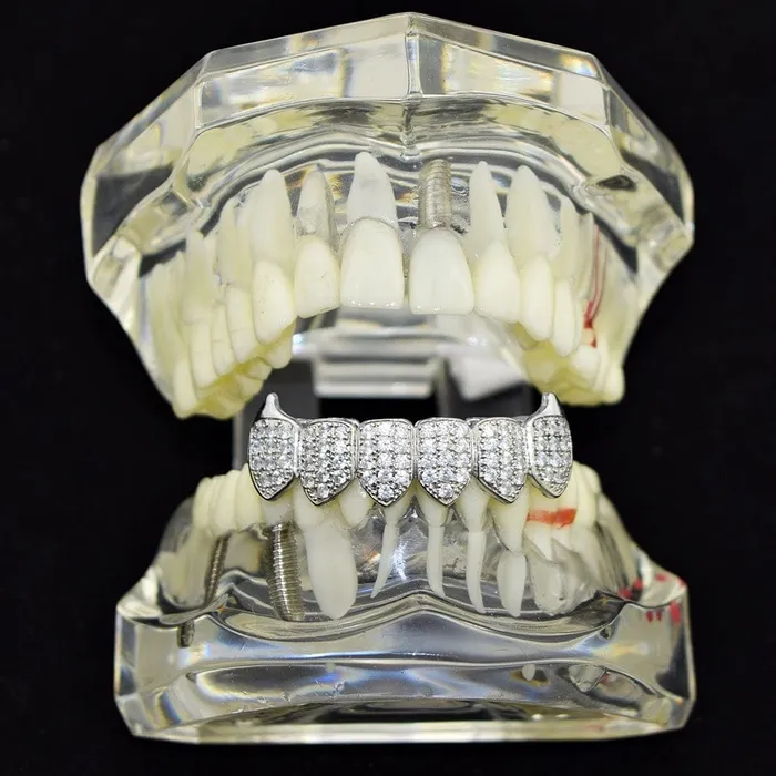 Bling Cartel Admin Rings Silver Tone Iced CZ Bottom Teeth Vampire Fangs Grillz