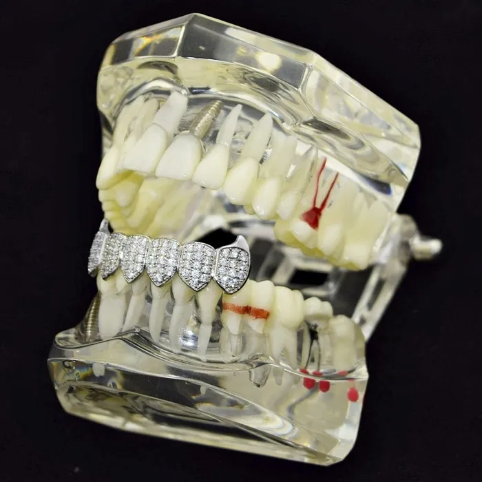 Bling Cartel Admin Rings Silver Tone Iced CZ Bottom Teeth Vampire Fangs Grillz