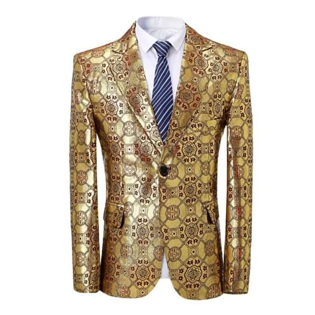CGSUITS Mens Fashion Golden Yellow Luxury Style Geometric Design Jacquard Blazer Suit Jacket Divine Inspiration Styles Necklaces