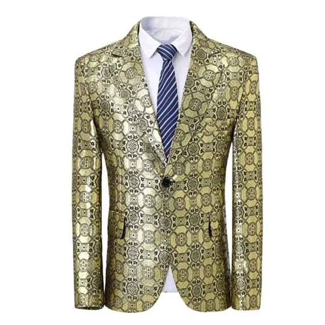 CGSUITS Mens Fashion Golden Yellow Luxury Style Geometric Design Jacquard Blazer Suit Jacket Divine Inspiration Styles Necklaces