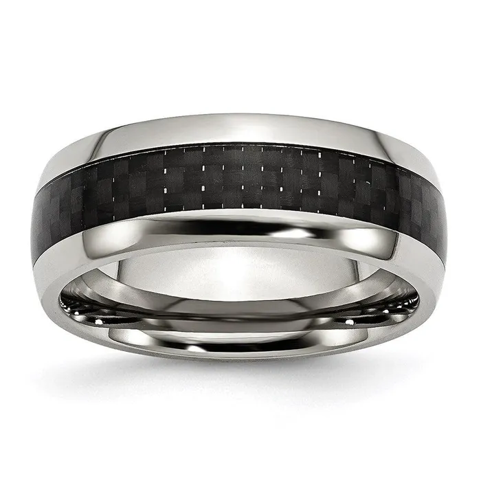 Chisel Rings Stainless Steel Polished w Black Carbon Fiber Inlay 8mm Band
