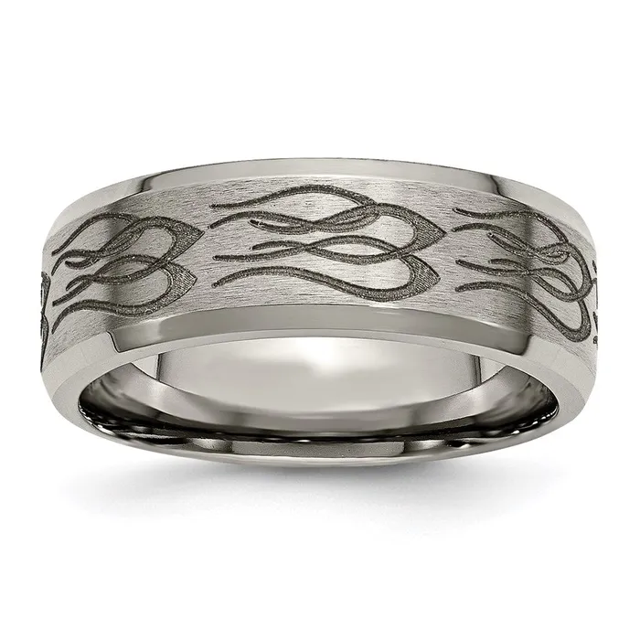 Chisel Rings Titanium Beveled Edge 8mm Laser Design Brushed Polished Band TB115T Chisel Rings Titanium Beveled Edge 8mm Laser Design Brushed Polished Band TB115T