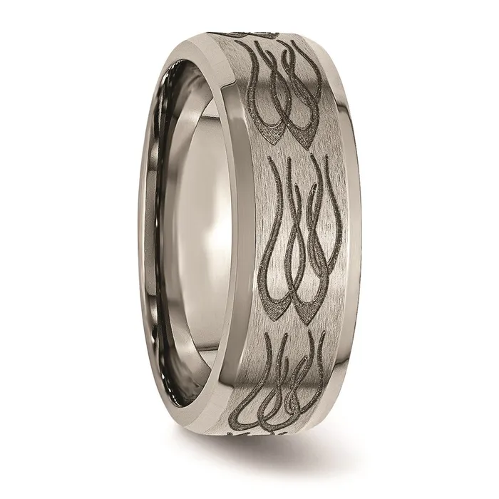 Chisel Rings Titanium Beveled Edge 8mm Laser Design Brushed Polished Band TB115T Chisel Rings Titanium Beveled Edge 8mm Laser Design Brushed Polished Band TB115T