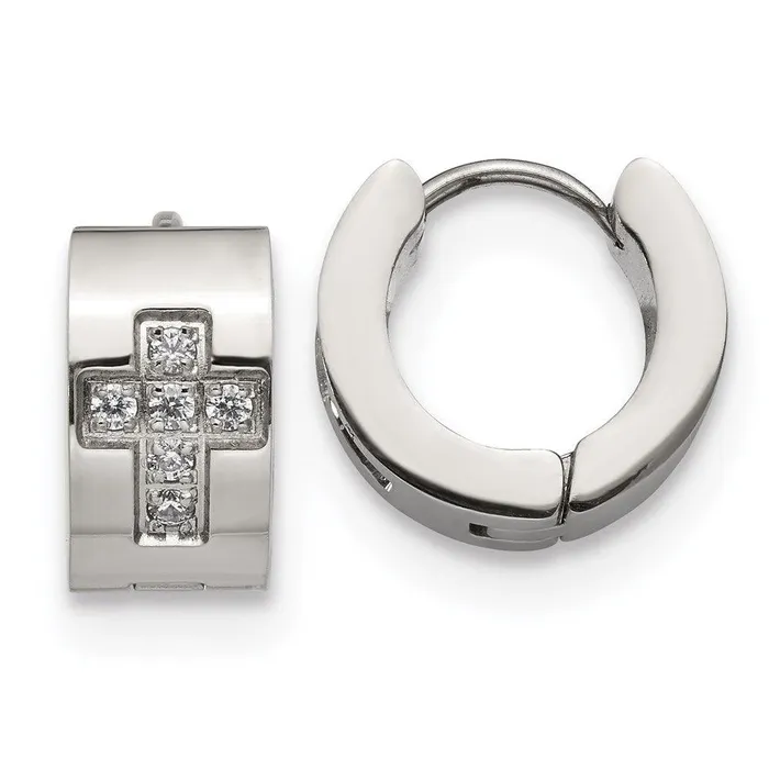 Chisel Stainless Steel CZ Cross Hinged Hoop Earrings Earrings