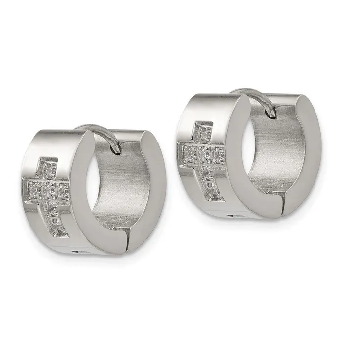 Chisel Stainless Steel CZ Cross Hinged Hoop Earrings Earrings Chisel Stainless Steel CZ Cross Hinged Hoop Earrings Earrings