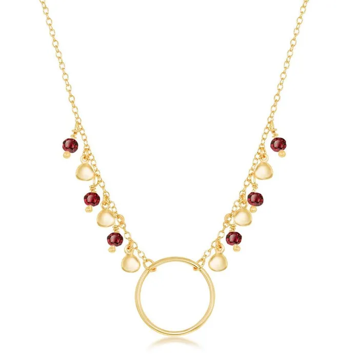 Classic Necklaces Sterling Silver Dangling Garnet Discs with Open Circle Necklace Classic Necklaces Sterling Silver Dangling Garnet Discs with Open Circle Necklace