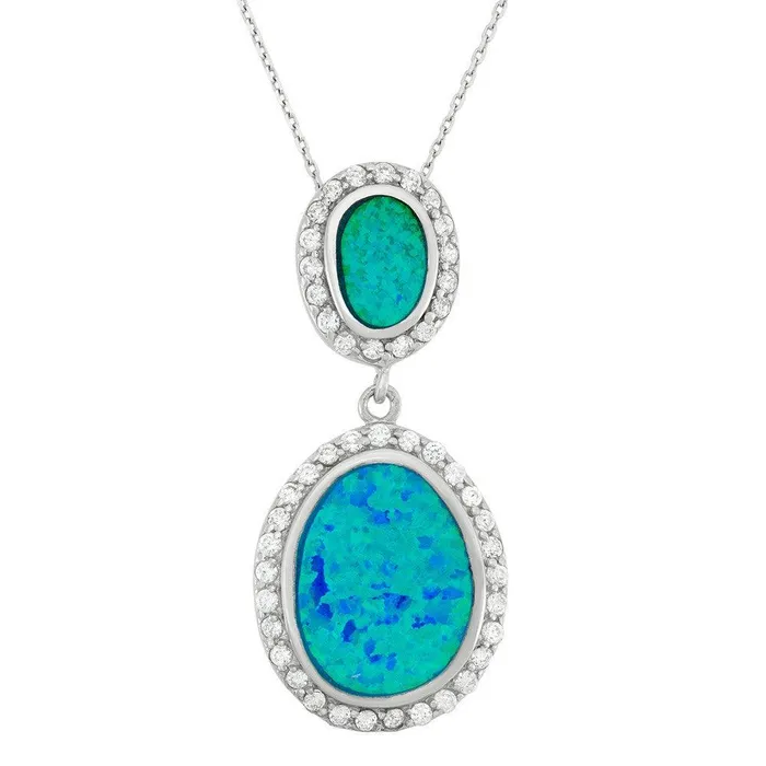 Classic Necklaces Sterling Silver Double Oval Blue Inlay Opal Pendant
