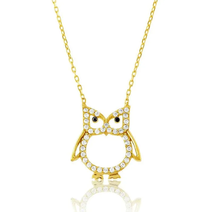 Classic Necklaces Sterling Silver Gold CZ Open Owl Necklace