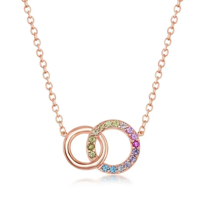Classic Necklaces Sterling Silver Rainbow CZ Double Linked Circle Necklace Rose Gold Plated Classic Necklaces Sterling Silver Rainbow CZ Double Linked Circle Necklace Rose Gold Plated