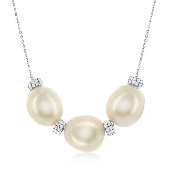 Classic Necklaces Sterling Silver Three Fresh Water Pearl and CZ Necklace