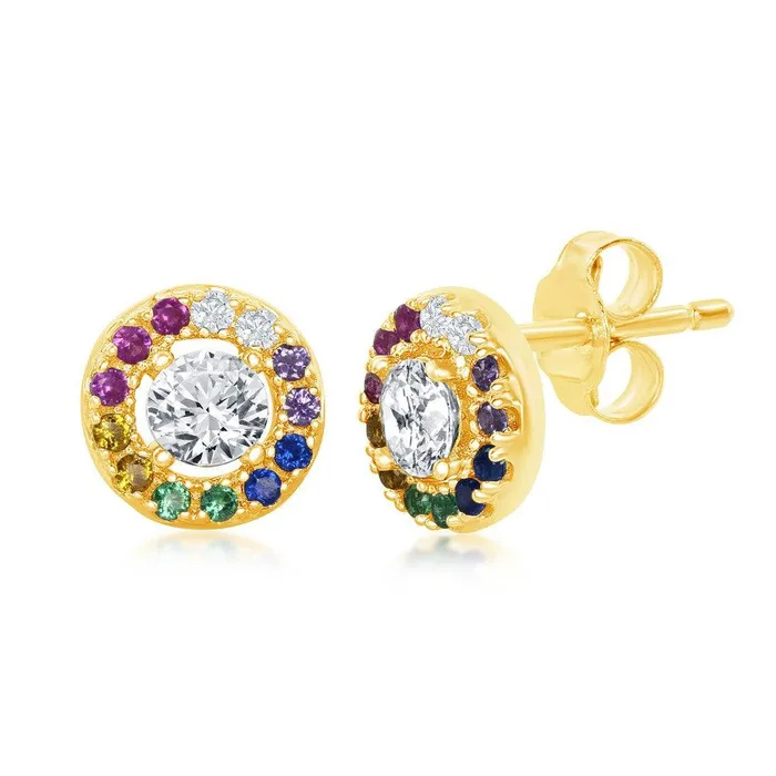 Classic Sterling Silver Gold Plated Rainbow CZ Round Stud Earrings Earrings Classic Sterling Silver Gold Plated Rainbow CZ Round Stud Earrings Earrings