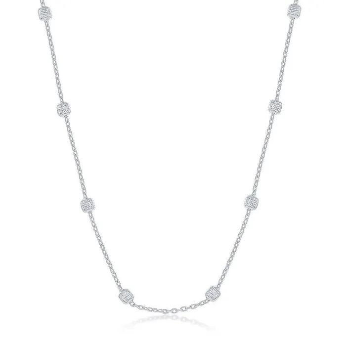 Classic Sterling Silver Rhodium Plated Grid Square Beaded Chain 16 Rings