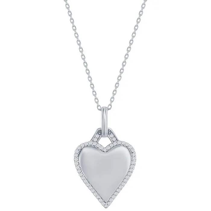 Classic Womens Necklace Sterling Silver Polished Heart White CZ Border M7043 Classic Necklaces Classic Womens Necklace Sterling Silver Polished Heart White CZ Border M7043 Classic Necklaces