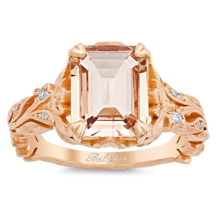 deBebians Emerald Cut Morganite Engagement Ring with Leaf Design Rings
