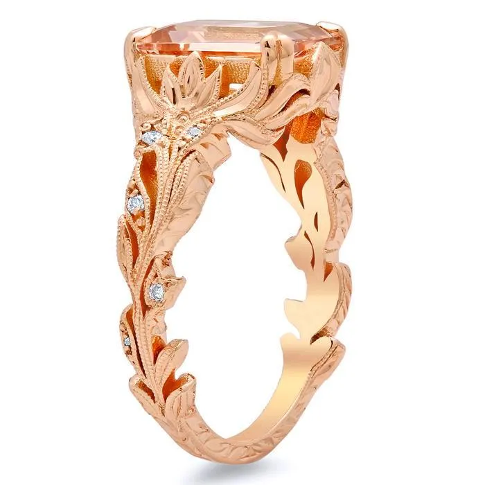 deBebians Emerald Cut Morganite Engagement Ring with Leaf Design Rings