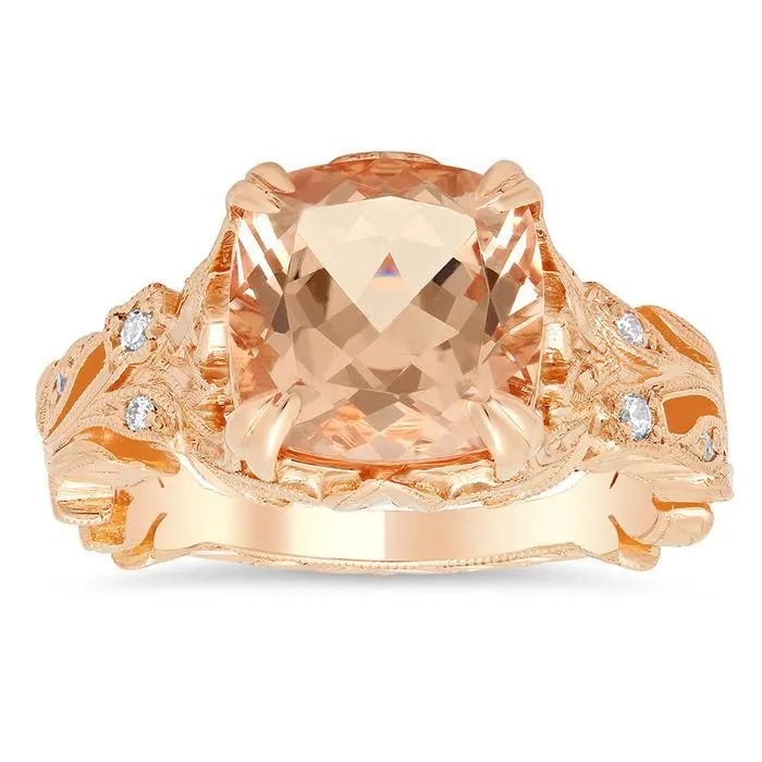 deBebians Emerald Cut Morganite Engagement Ring with Leaf Design Rings