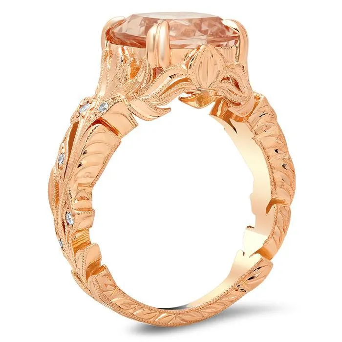 deBebians Emerald Cut Morganite Engagement Ring with Leaf Design Rings