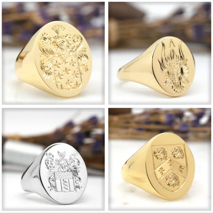 deBebians Mens Round Signet Ring Medium Hand Engraved Family Crest Logo Rings