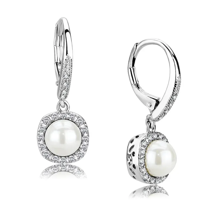 Earrings Alamode 3W1479 Rhodium Brass Earrings with Synthetic Pearl in White