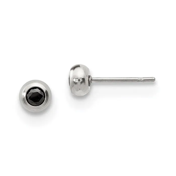 Earrings Chisel Stainless Steel Polished 3mm Bezel Black CZ Stud Post Earrings