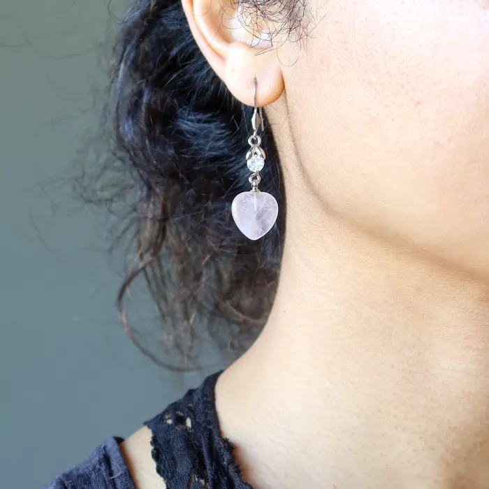 Earrings Rose Quartz Heart Earrings Pink Crystal Healing Stones Sparkling Love Satin Crystals