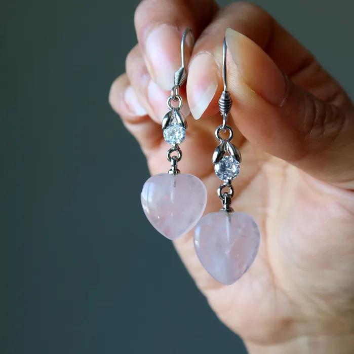 Earrings Rose Quartz Heart Earrings Pink Crystal Healing Stones Sparkling Love Satin Crystals
