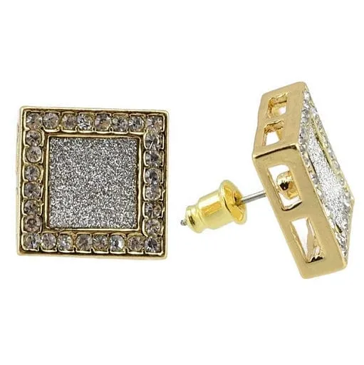 Earrings Square Gold Finish Iced Glitter Earrings 15MM Bling Cartel Admin