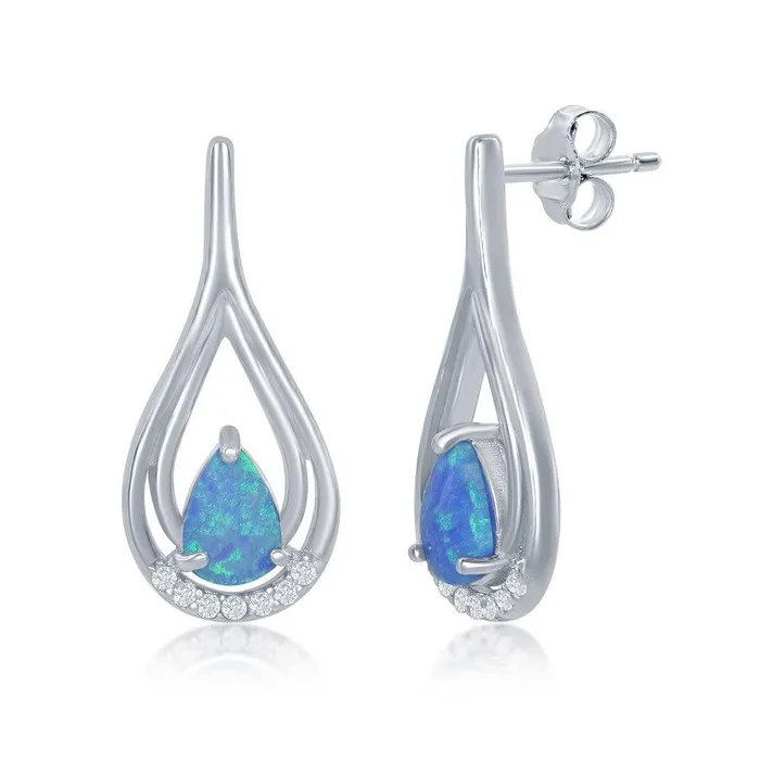 Earrings Sterling Silver Blue Opal Pearshaped With CZ Earrings Classic