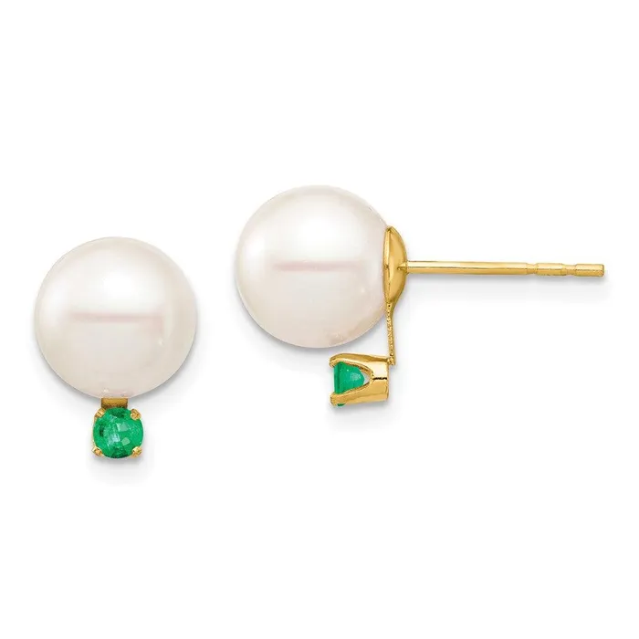 Jewelry 14K 885mm White Round Freshwater Cultured Pearl Emerald Post Earrings Earrings Jewelry 14K 885mm White Round Freshwater Cultured Pearl Emerald Post Earrings Earrings
